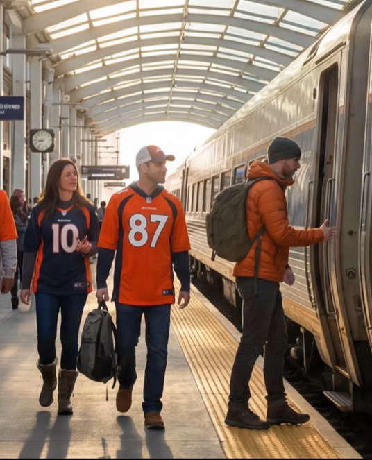 People wearing Broncos jerseys board a train