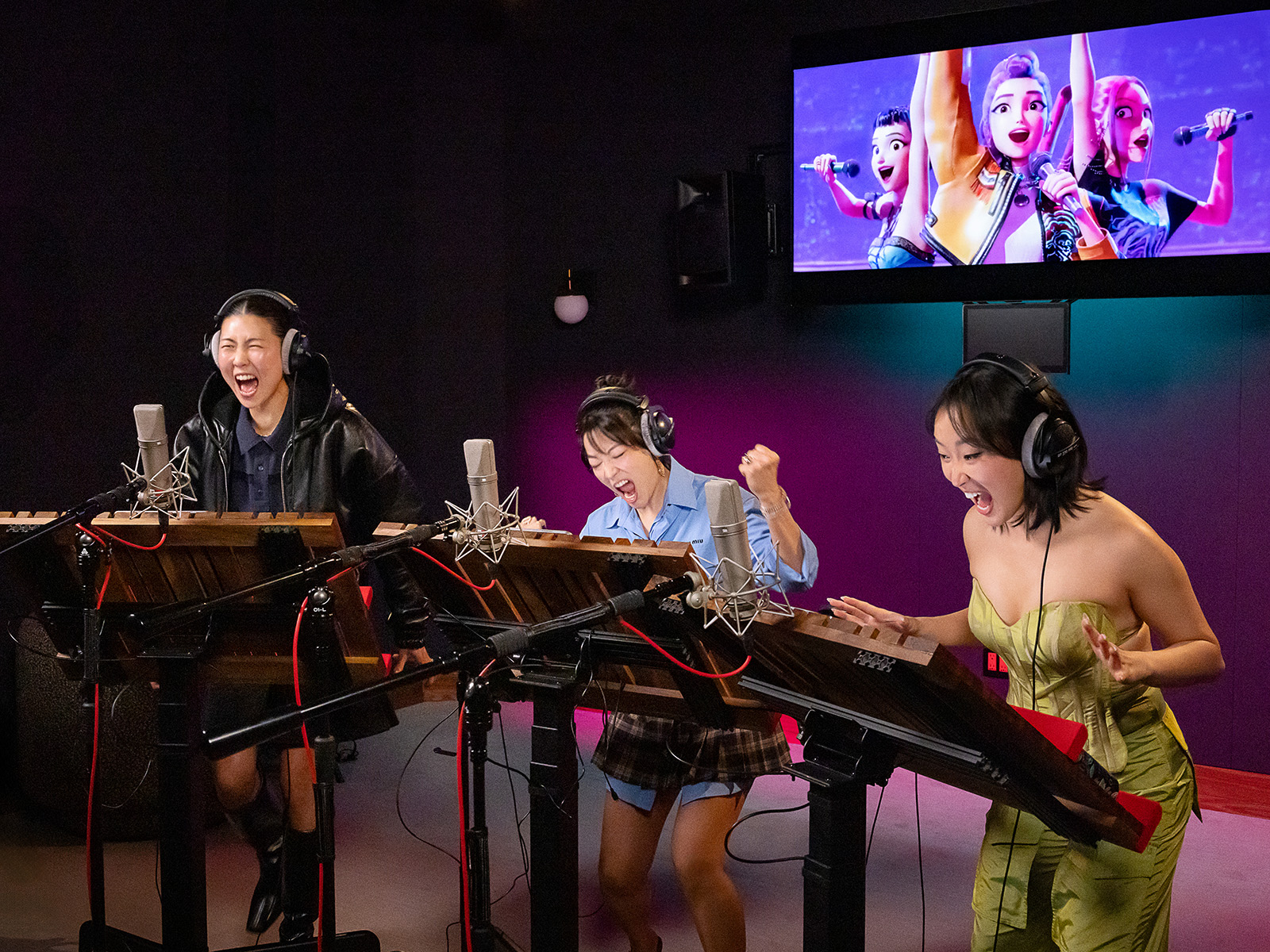 Ji-young Yoo, Arden Cho, and May Hong in the studio for Kpop Demon Hunters