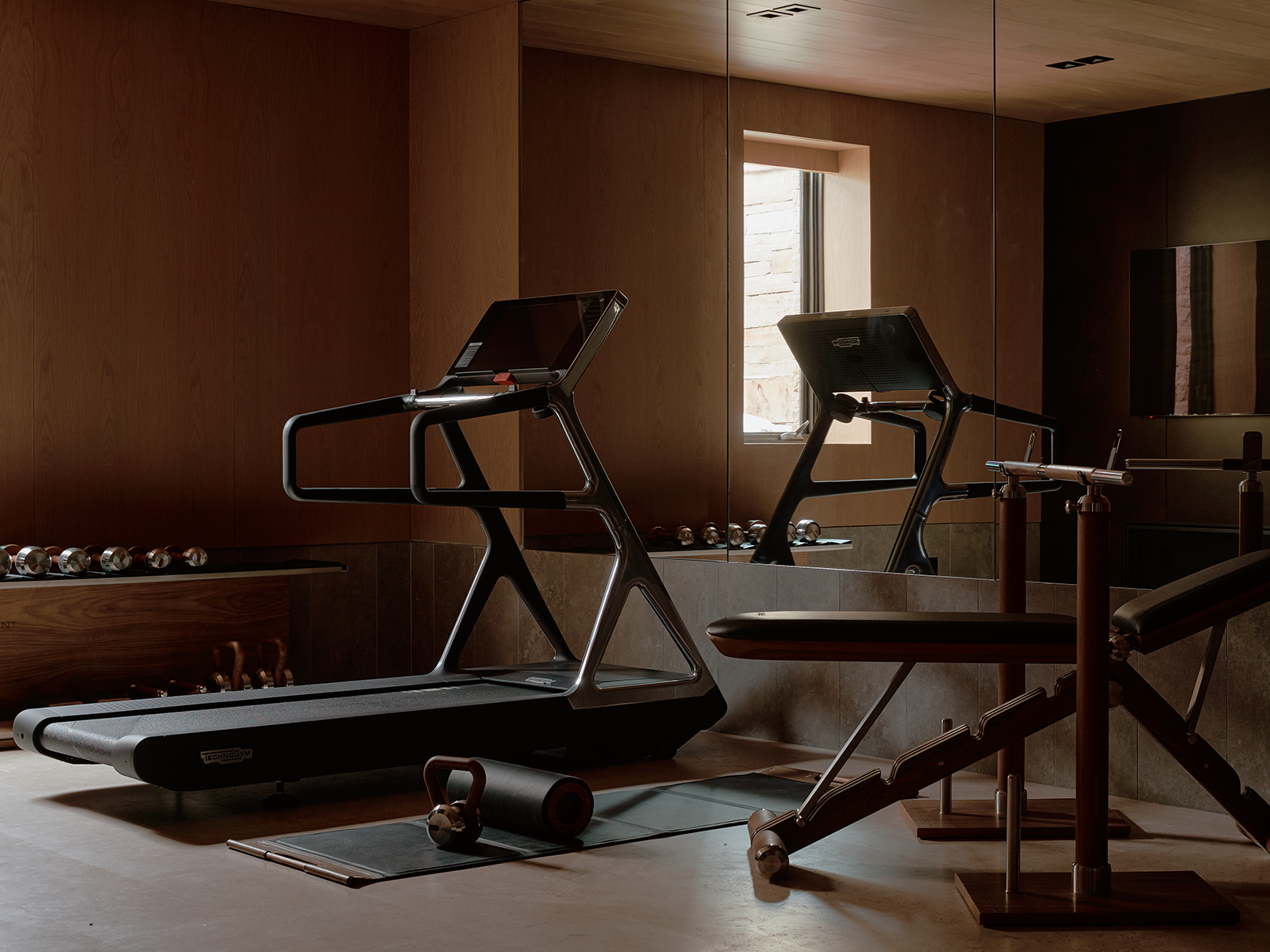 Home gym with a treadmill and a mirror