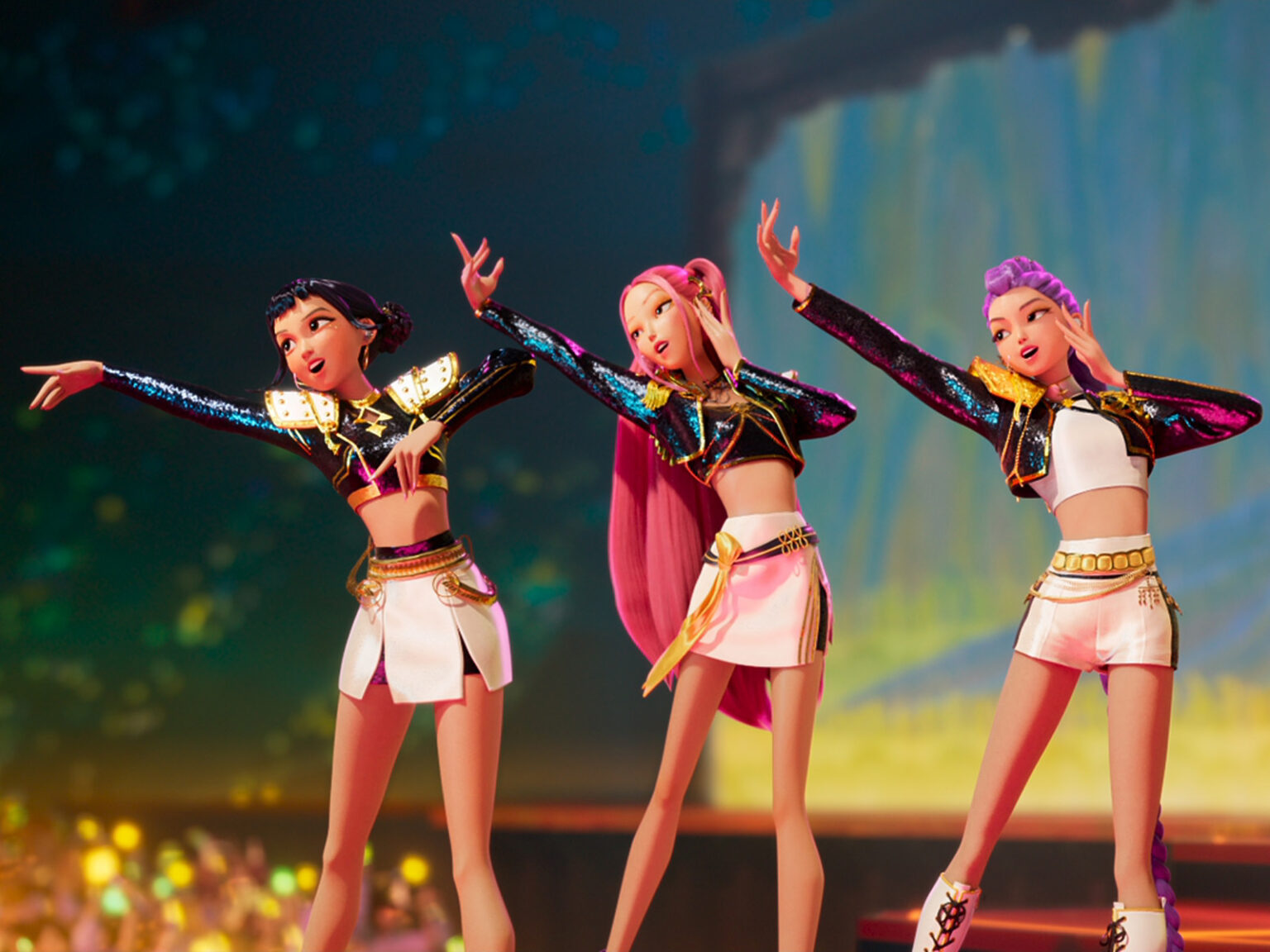 Zoey (left), Mira (center), and Rumi (right) from KPop Demon Hunters