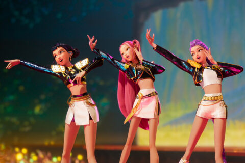 Zoey (left), Mira (center), and Rumi (right) from KPop Demon Hunters