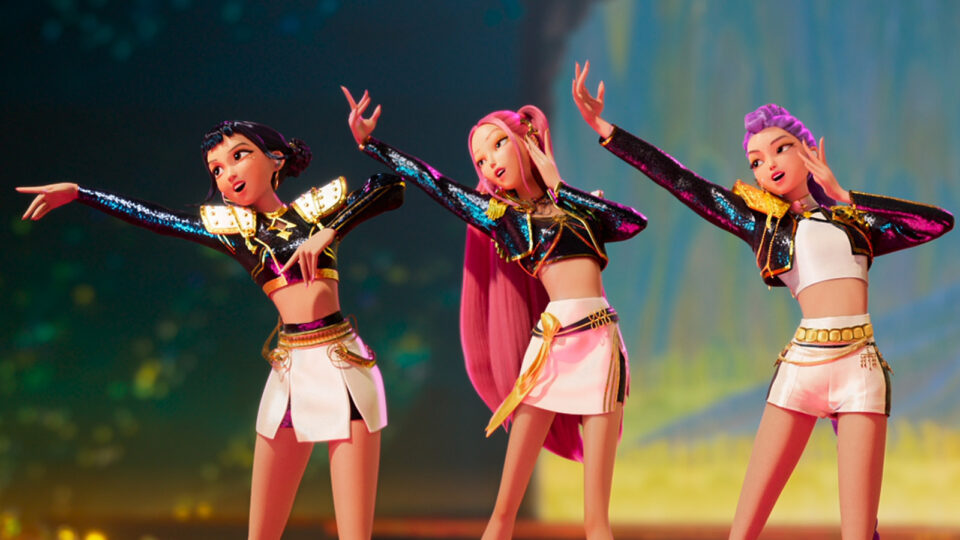 Zoey (left), Mira (center), and Rumi (right) from KPop Demon Hunters