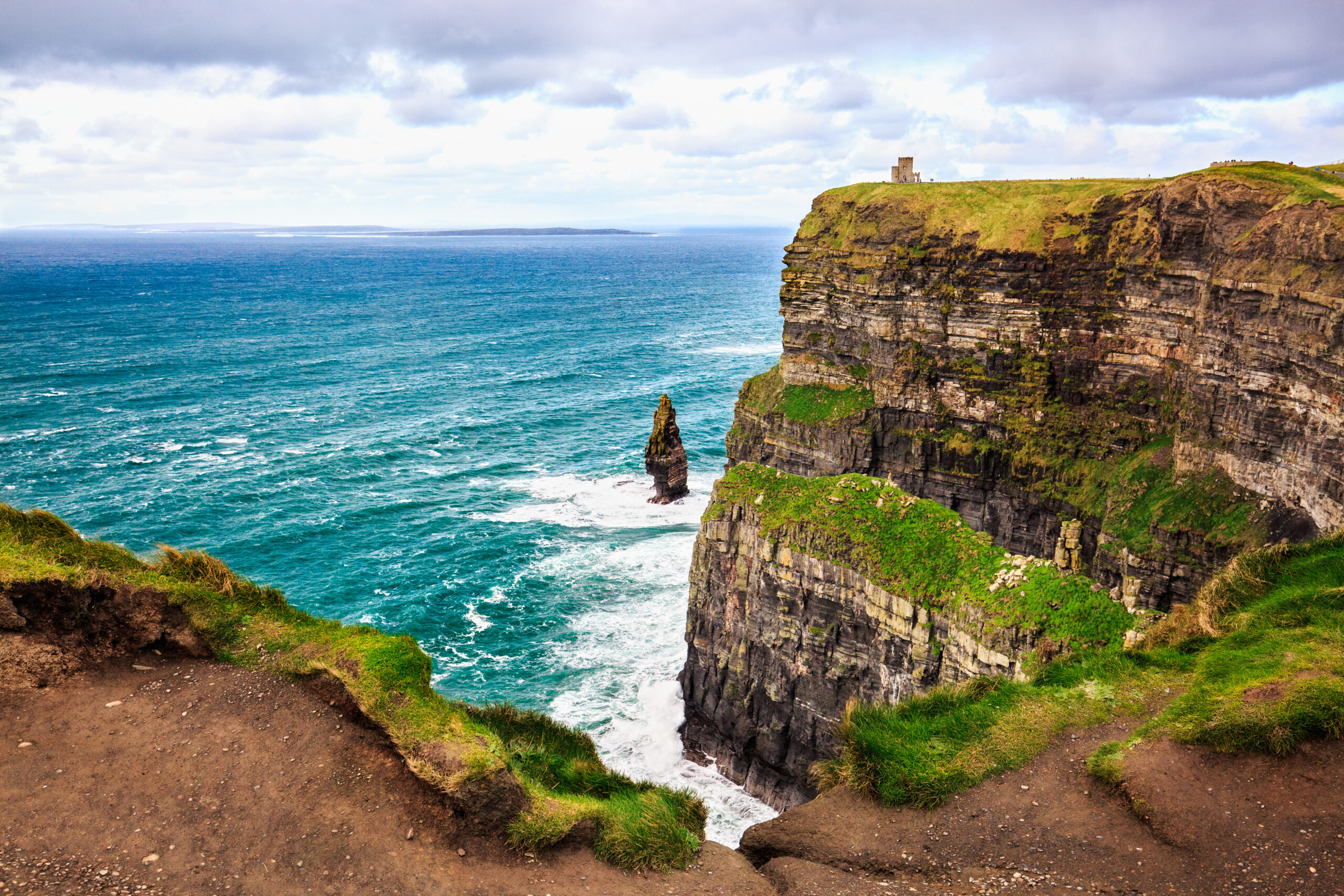 Cliffs of Moher, Burren, County Clare, Ireland. Sea cliffs rise above Atlantic Ocean. Branaunmore sea stack in Galway Bay. Popular tourist destination. Irish rural countryside nature.