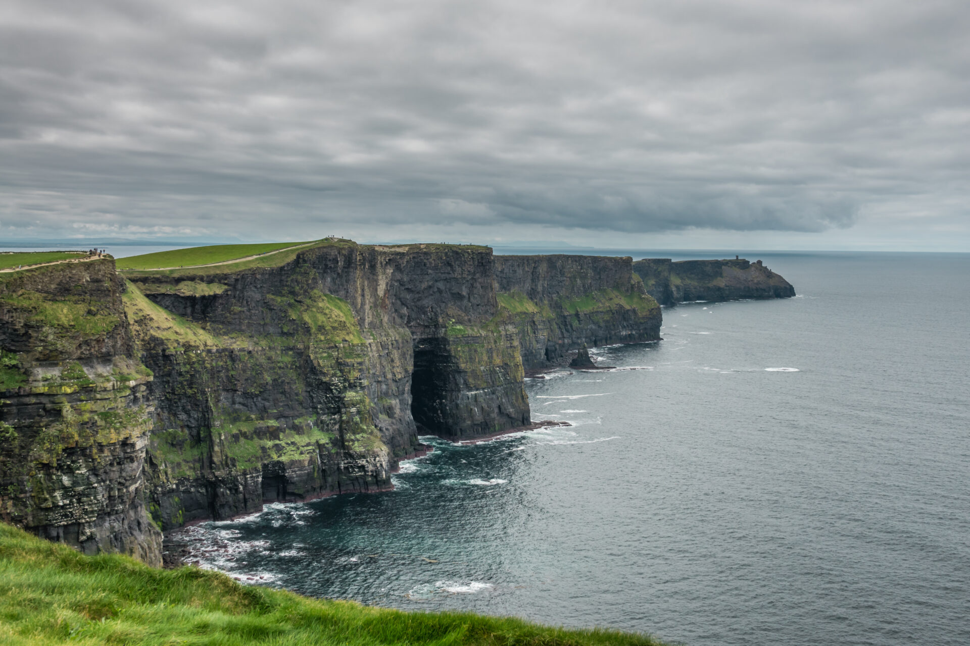 View over Cliffs of Moher on a overcast, cloudy and gloomy day, Ireland