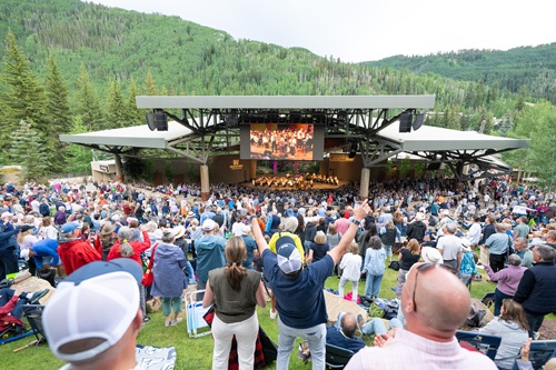 A crowd of people on a lawn cheering at a concert.