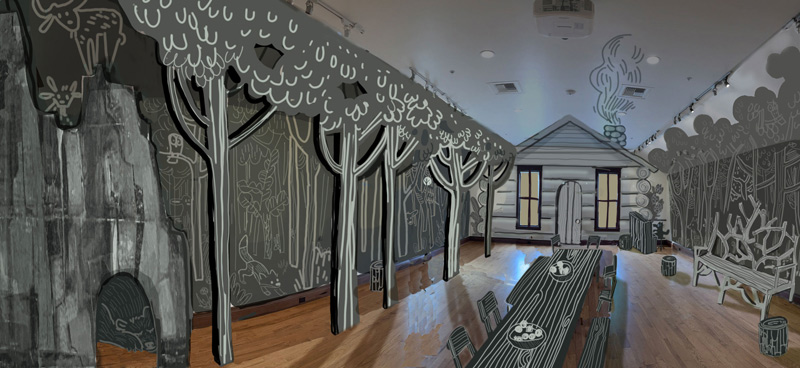 A room that has been turned to look like a cabin in a forest.