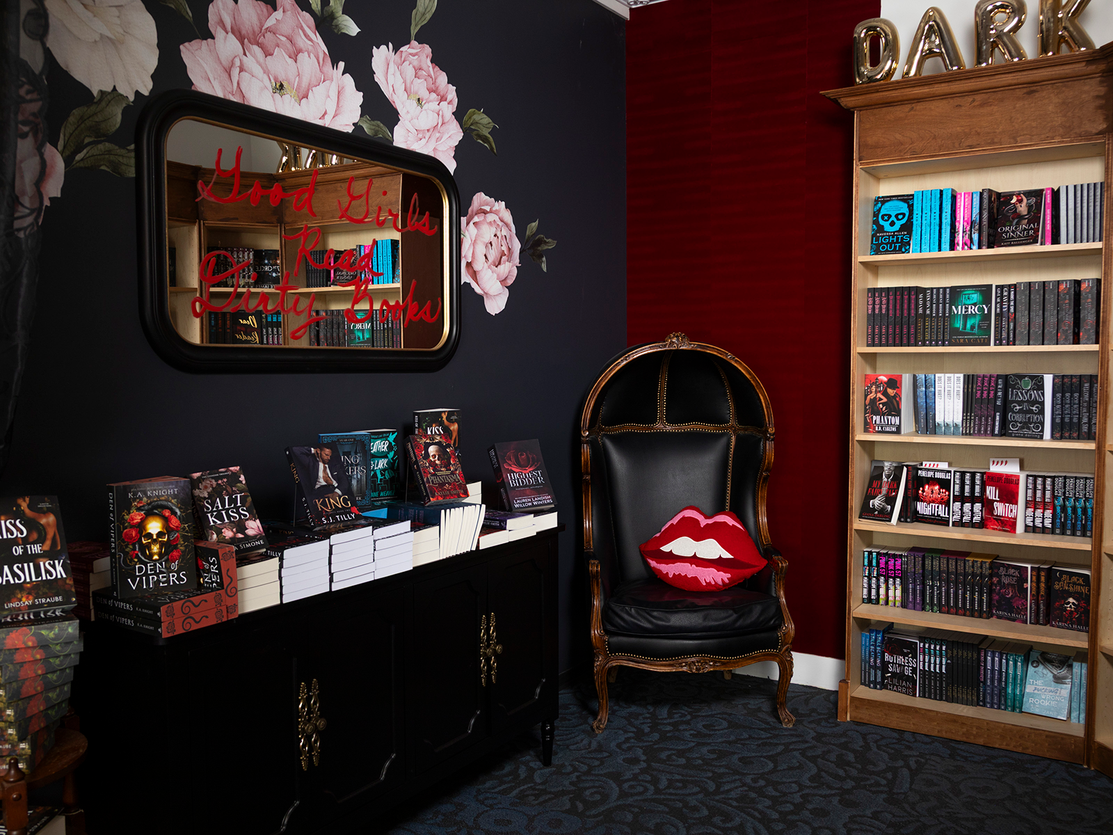 Dark romance corner of a bookstore