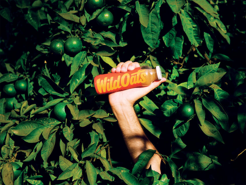 A hand holding Wild Oats juice, sticking out from a hedge