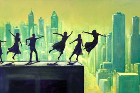 A painting of people standing on a roof and someone flying off of it.