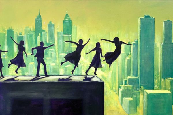 A painting of people standing on a roof and someone flying off of it.