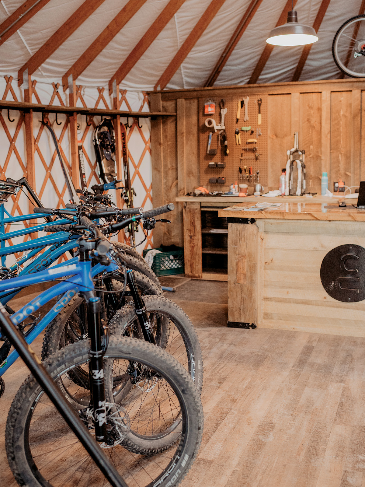 A row of blue mountain bikes at C Lazy U Ranch in Colorado