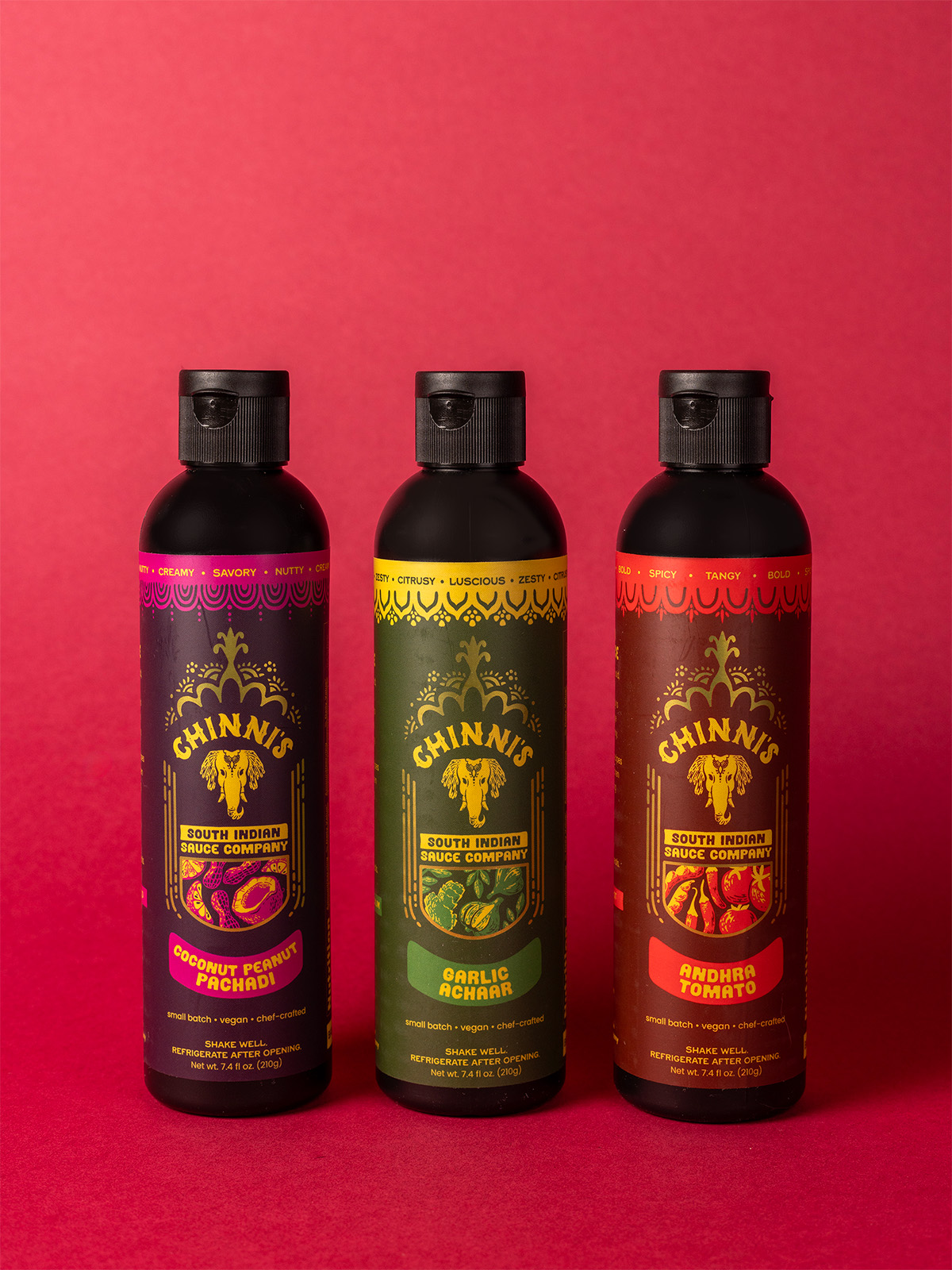 Three bottles of Chinni’s South Indian Sauce Company sauces