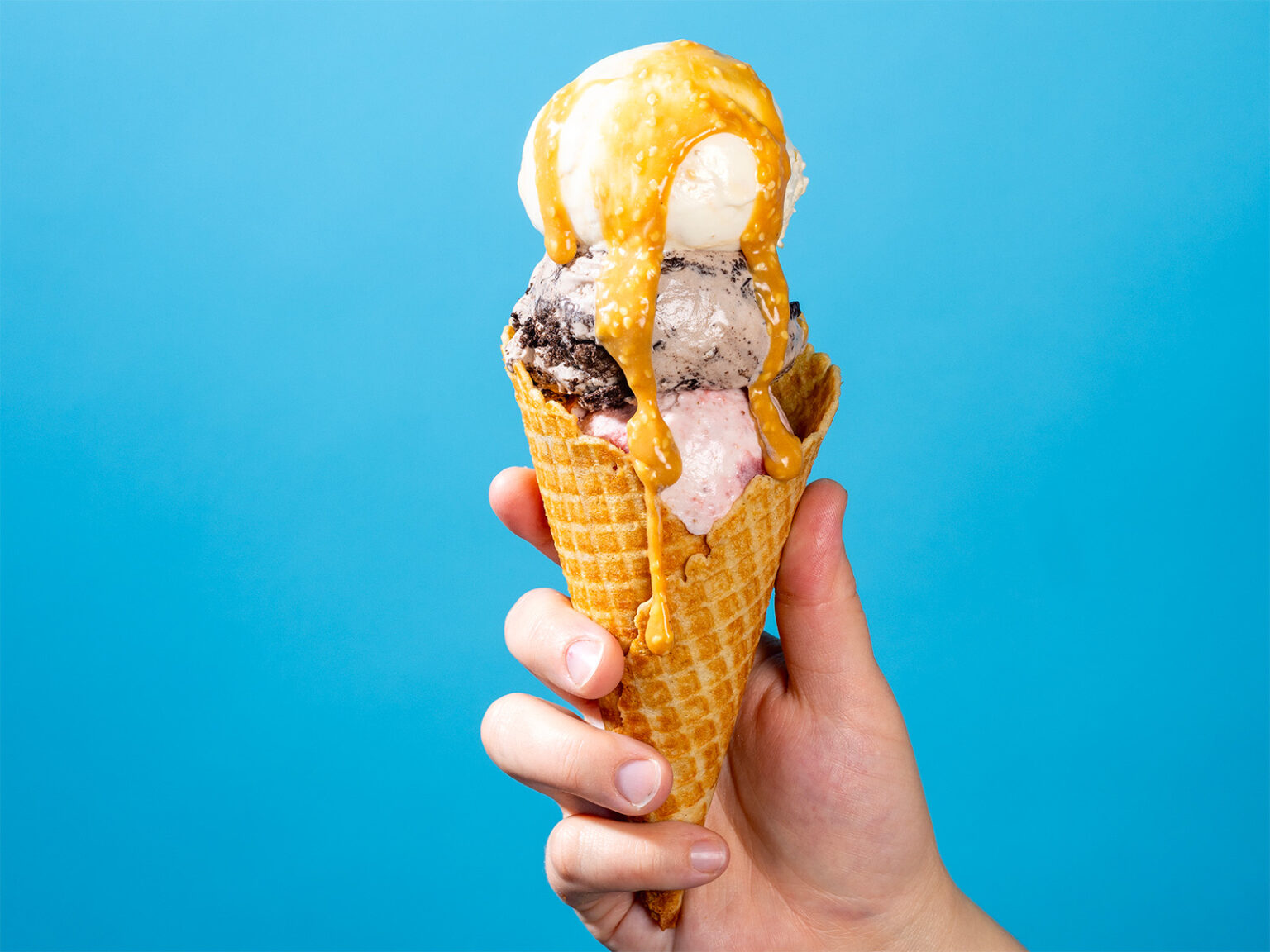 Sesame caramel sauce on scoops of toasted sesame, cookies and cream, and roasted strawberry jam