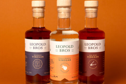Three bottles of Leopold Bros. heritage vinegar