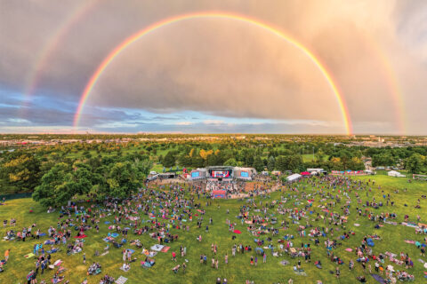 A double rainbow over Levitt Pavilion in Denver
