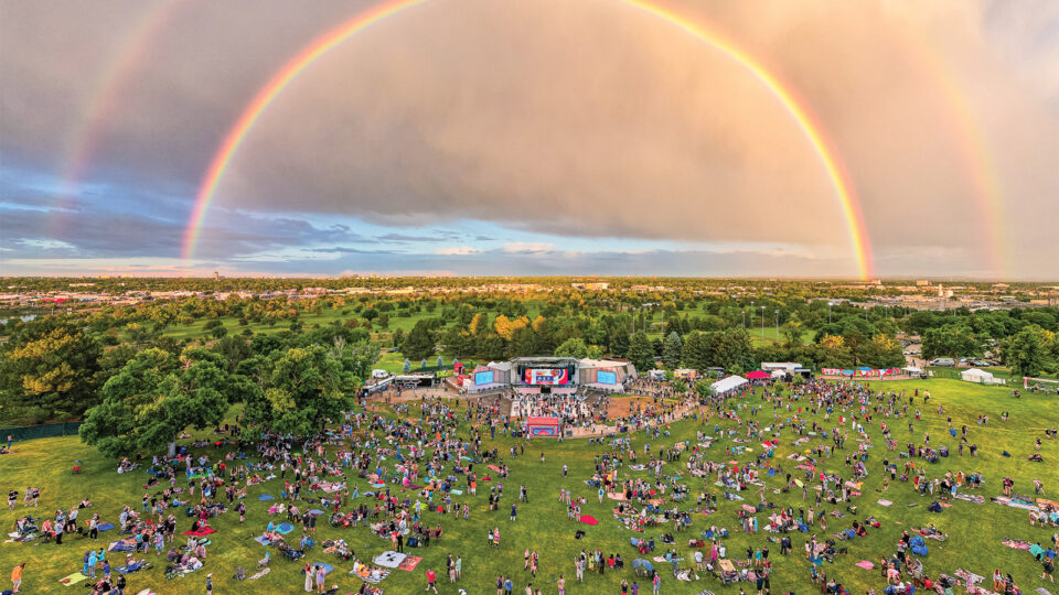 A double rainbow over Levitt Pavilion in Denver