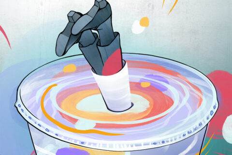 Illustration of a person going down a straw of a drink