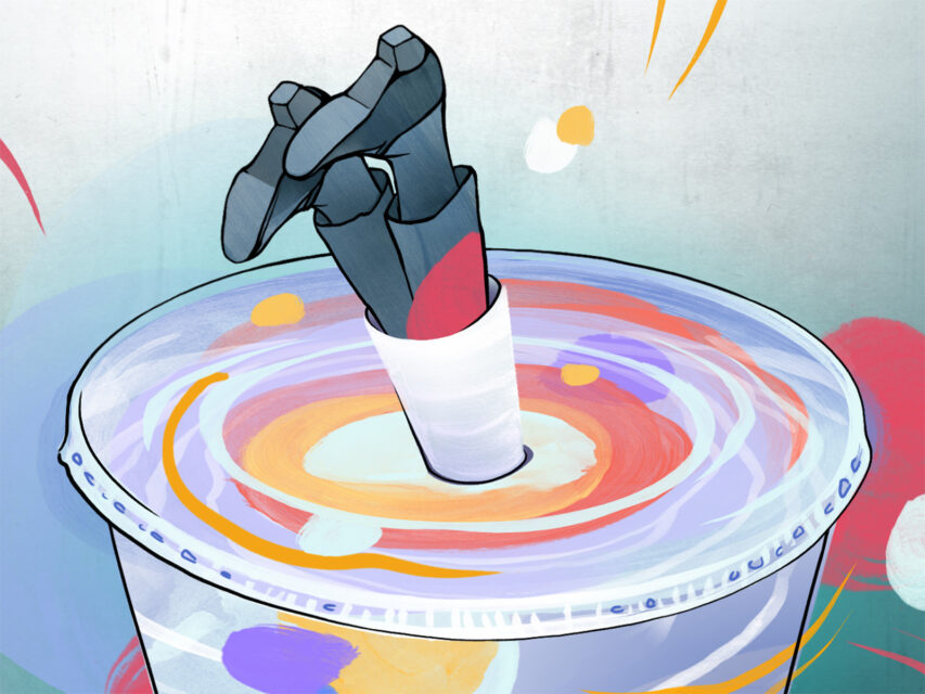 Illustration of a person going down a straw of a drink