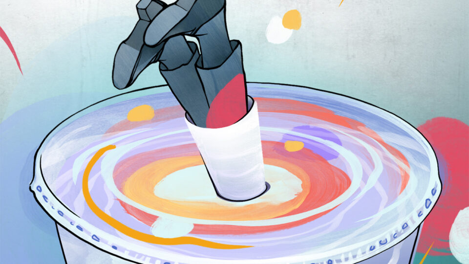 Illustration of a person going down a straw of a drink