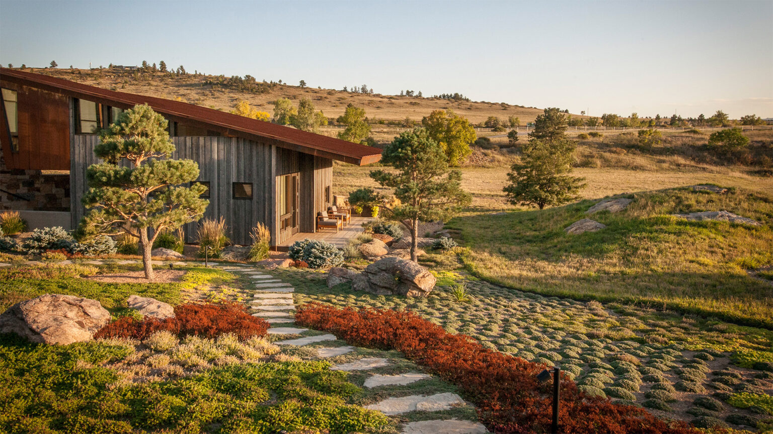 Prairie grasses and perennials carpet the yard of this South Boulder home