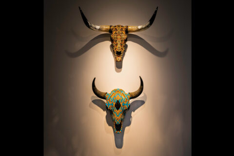 Skulls adorned with glass beads in the Madden Gallery at the Museum of Outdoor Arts in Greenwood Village