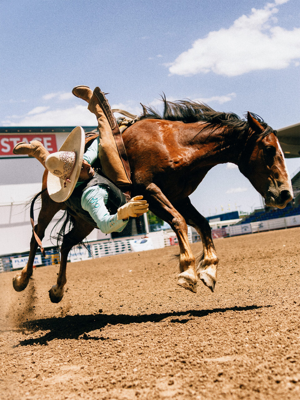 Fernando Parra of Sao Paulo, Brazil, scored a 74 on this eight-second ride at the 2025 Greeley Stampede