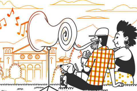 Illustration of two people listening to a concert at Boulder’s Chautauqua for free