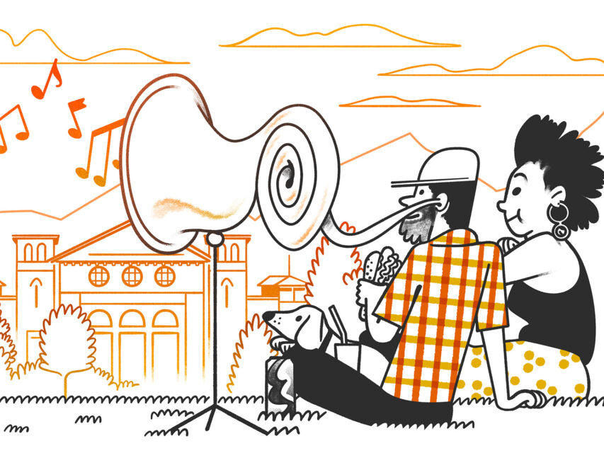 Illustration of two people listening to a concert at Boulder’s Chautauqua for free