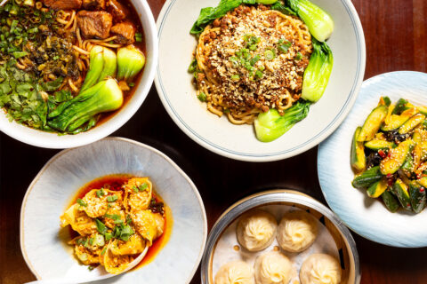 Hand-pulled noodle bowls, wontons, dumplings, and cucumber salad at Noodles by Nina