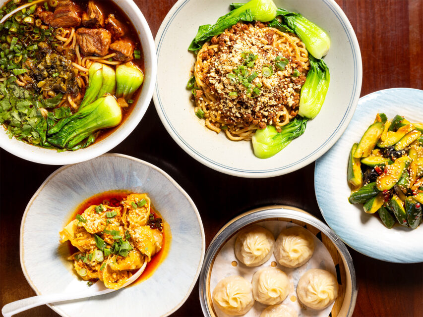 Hand-pulled noodle bowls, wontons, dumplings, and cucumber salad at Noodles by Nina