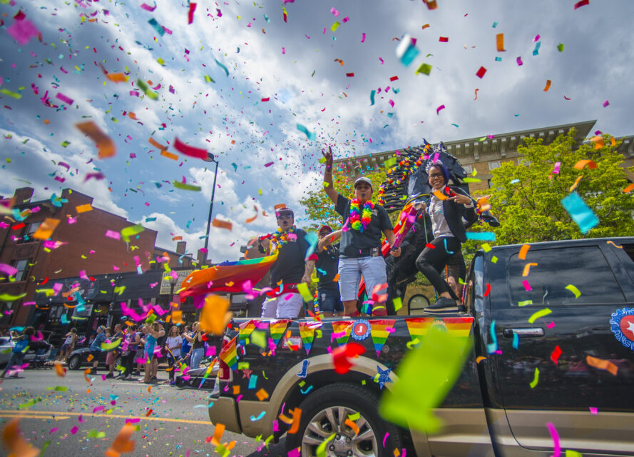 A truck releasing confetti during the Denver Pride Parade.