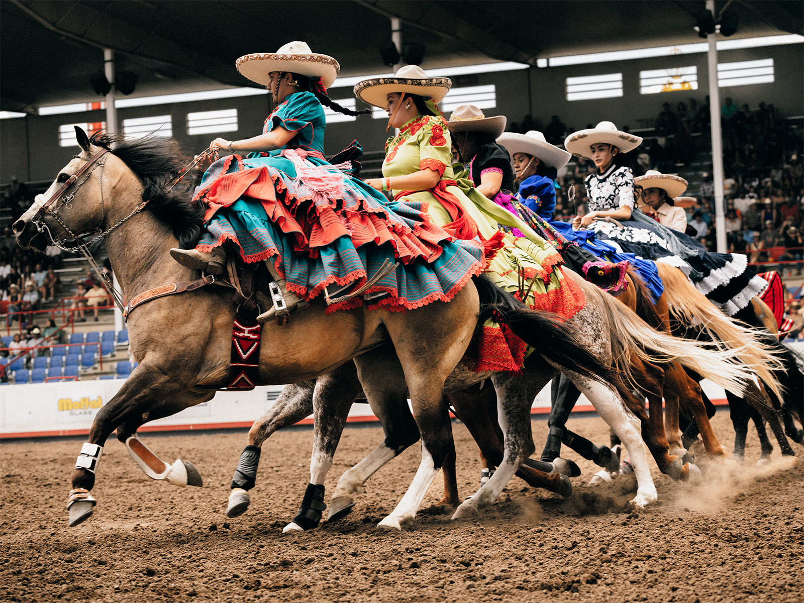Escaramuza Charra Flor de Aguileña members Jeny Lobatos, Naiomy Torres, Brenda Aguilera, Devanith Macías, Darline Gurrola, and Luz Lobatos at last year’s Greeley Stampede