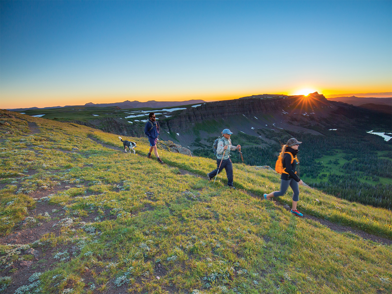 Three people and a dog hiking during sunset in the Flat Tops Wilderness