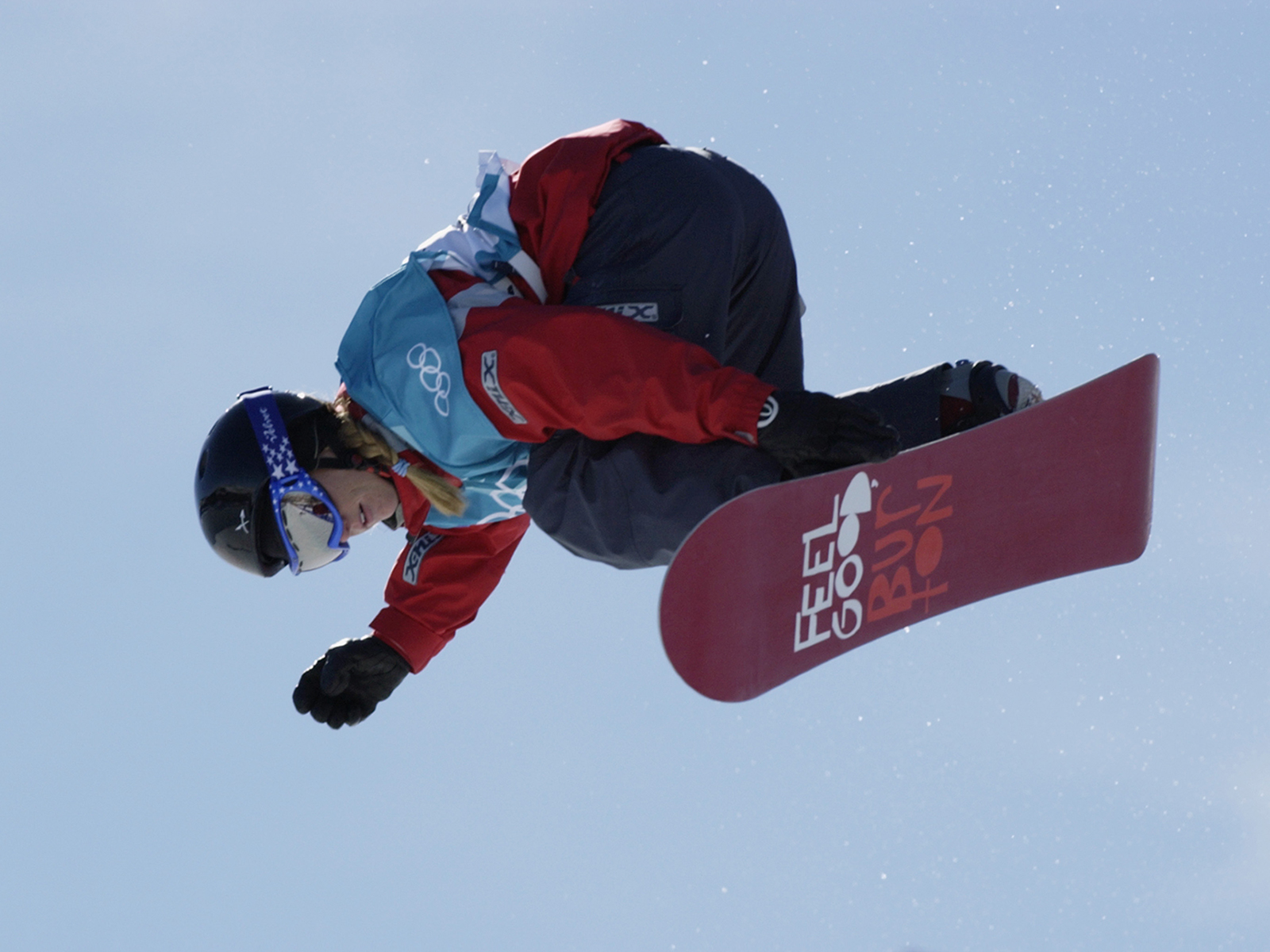Shannon Dunn-Downing in the air above the halfpipe at the Salt Lake City Winter Games