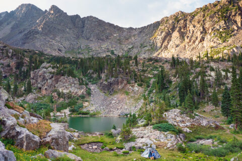 A man and dog outside a tent near Fancy Lake in Colorado