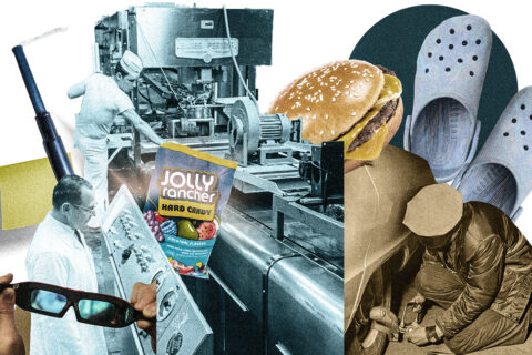 A collage of Colorado inventions, including Jolly Rancher candies, a cheeseburger, and Crocs
