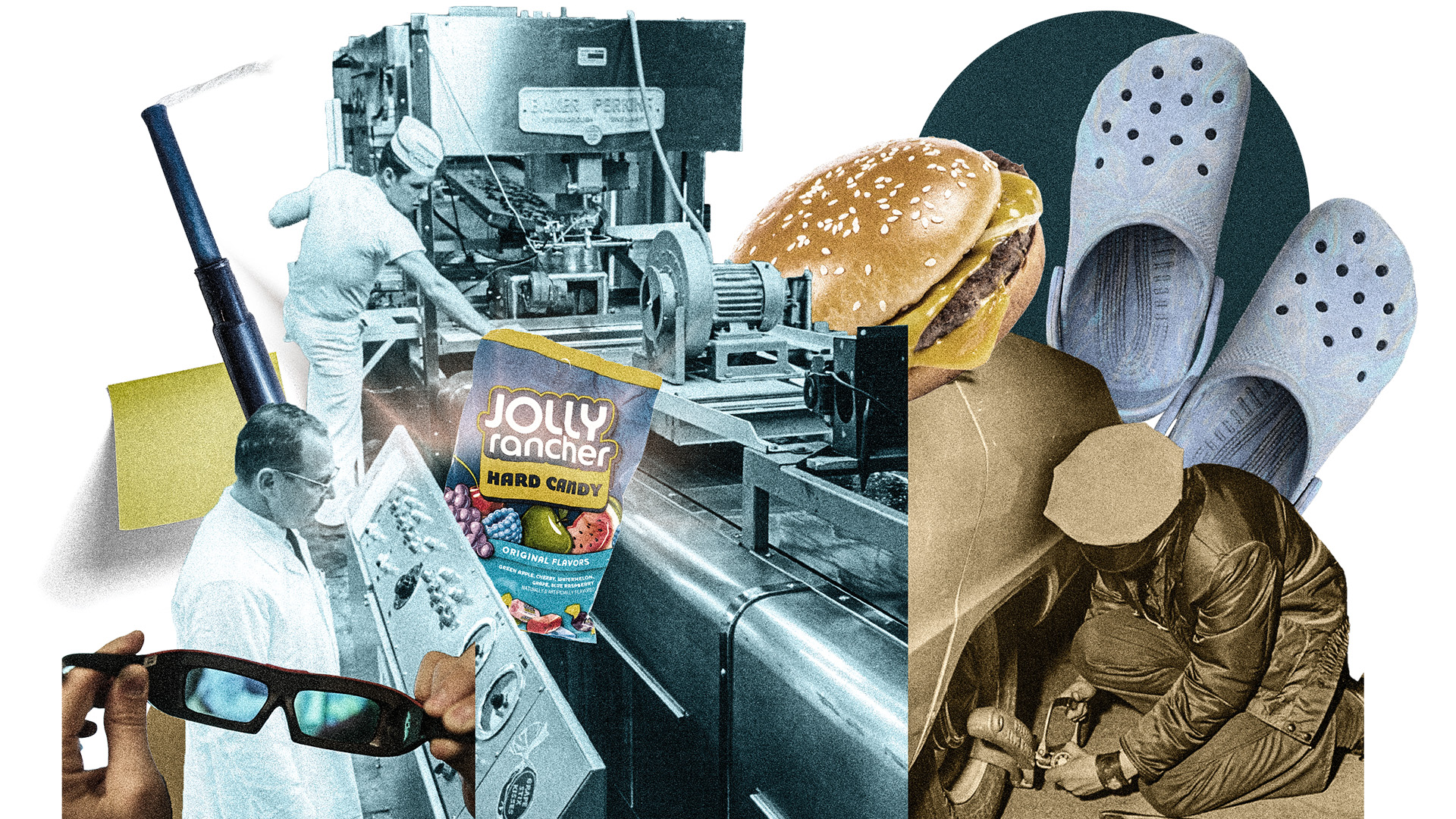 A collage of Colorado inventions, including Jolly Rancher candies, a cheeseburger, and Crocs