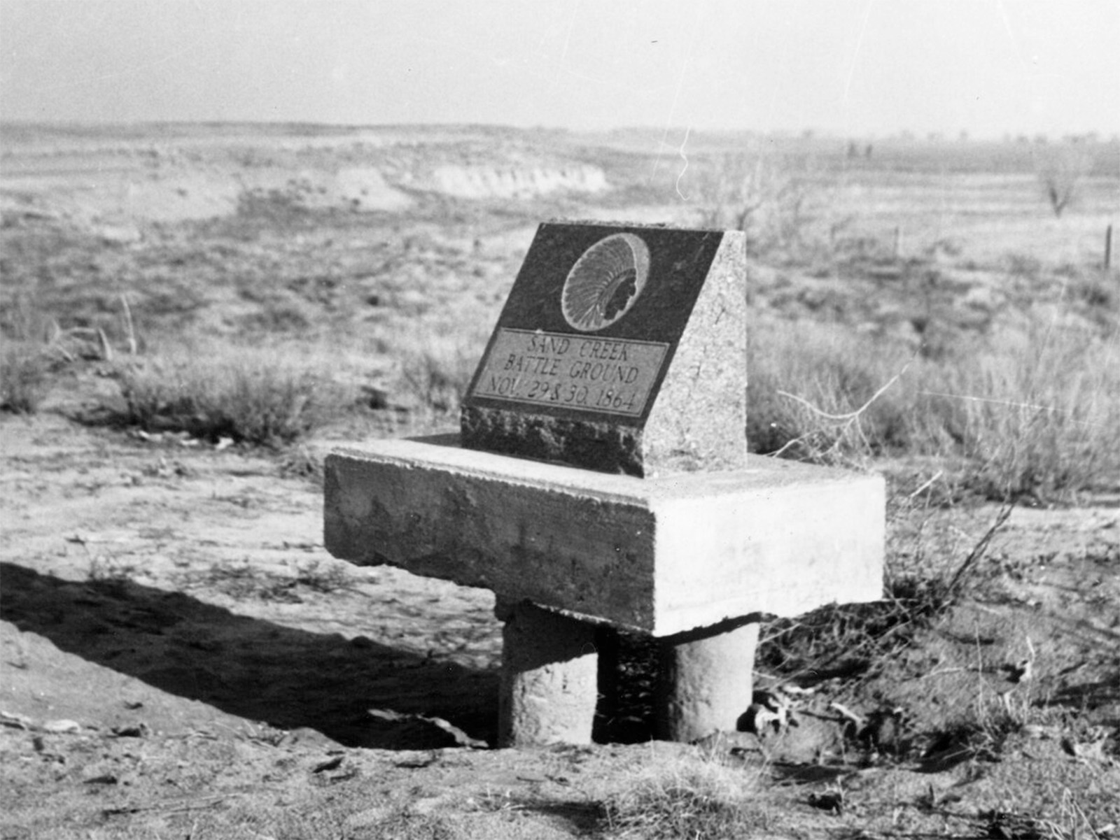 A stone memorial of the Sand Creek Massacre