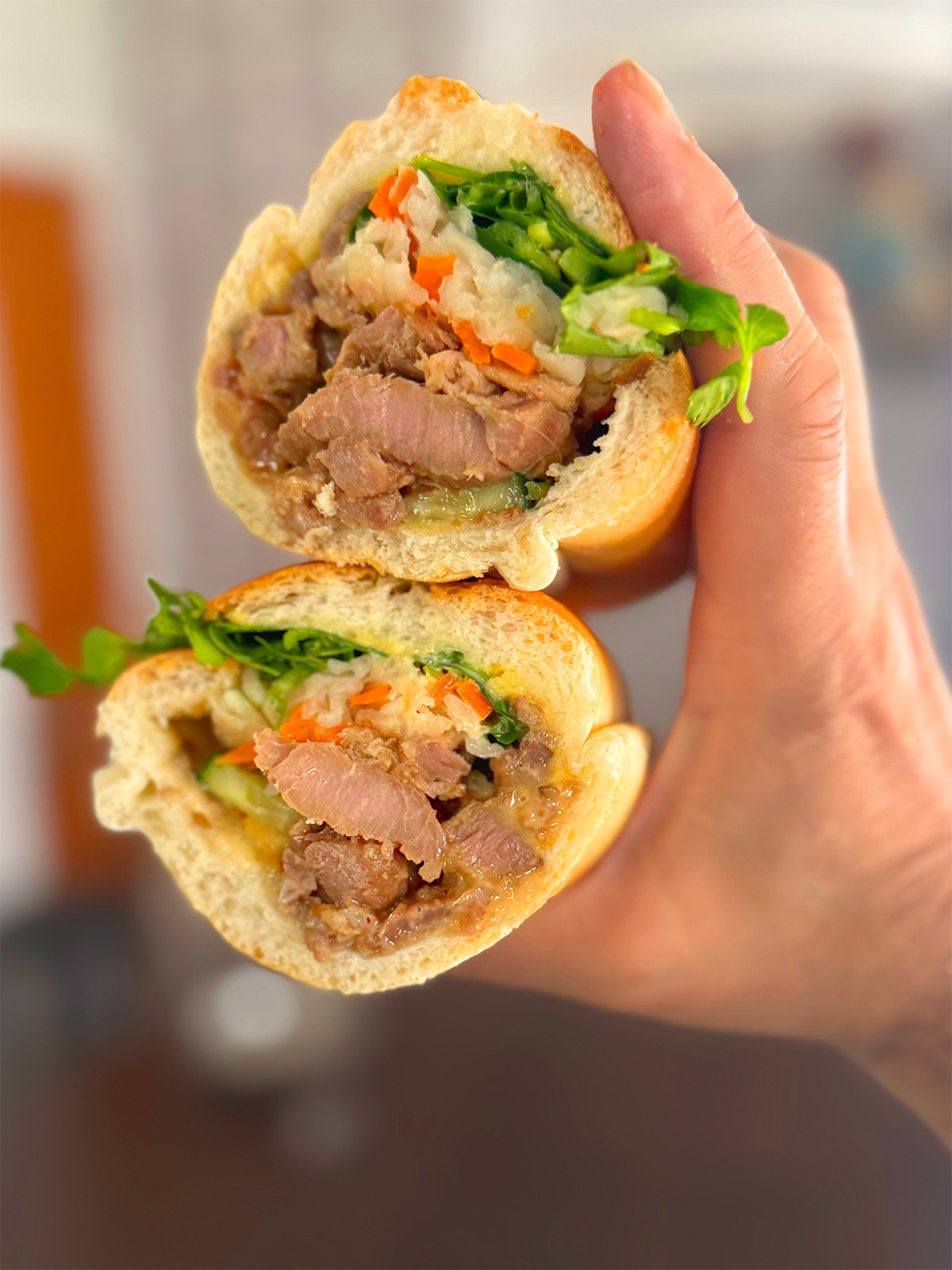 A banh mi sandwich with thick slabs of meat