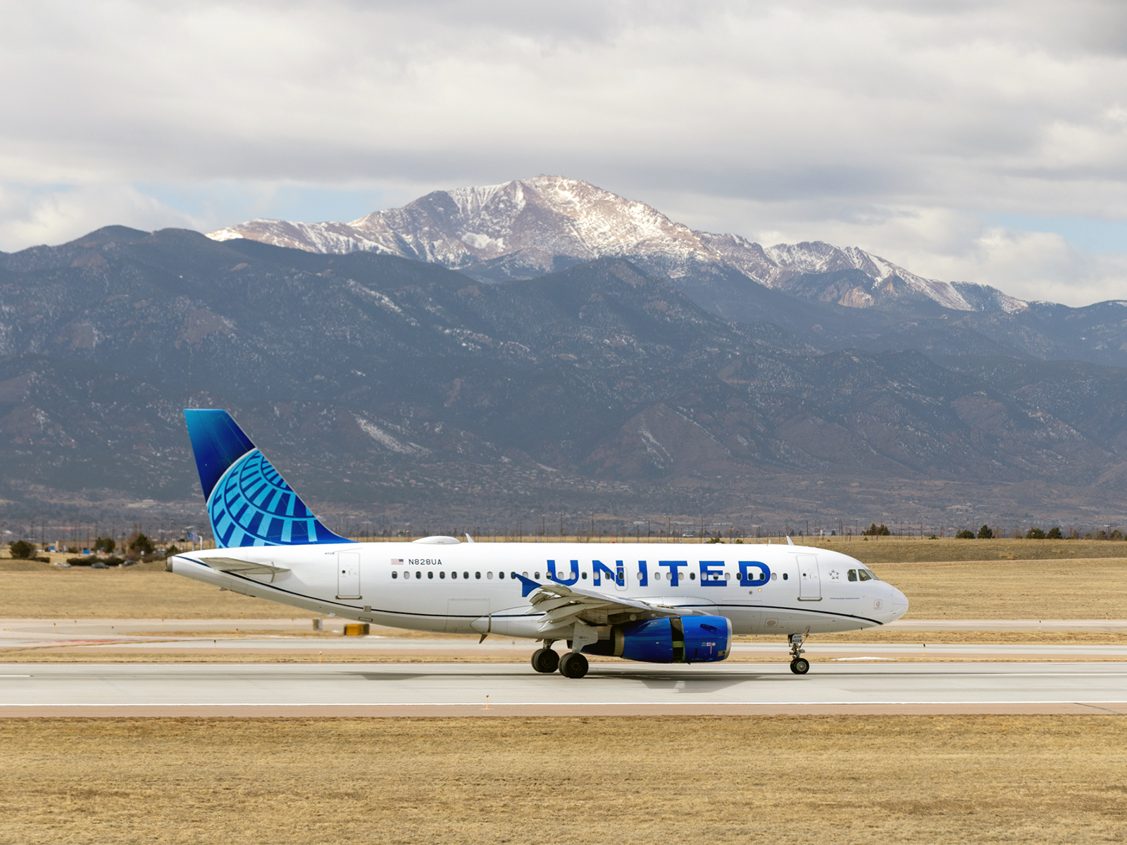 A United Airlines jet on the runway at Colorado Springs Airport