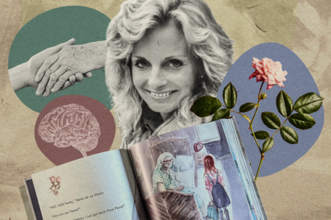 Collage including Connie Paich and her book, “Wise Wren and Her Nana Who Has Alzheimer’s”