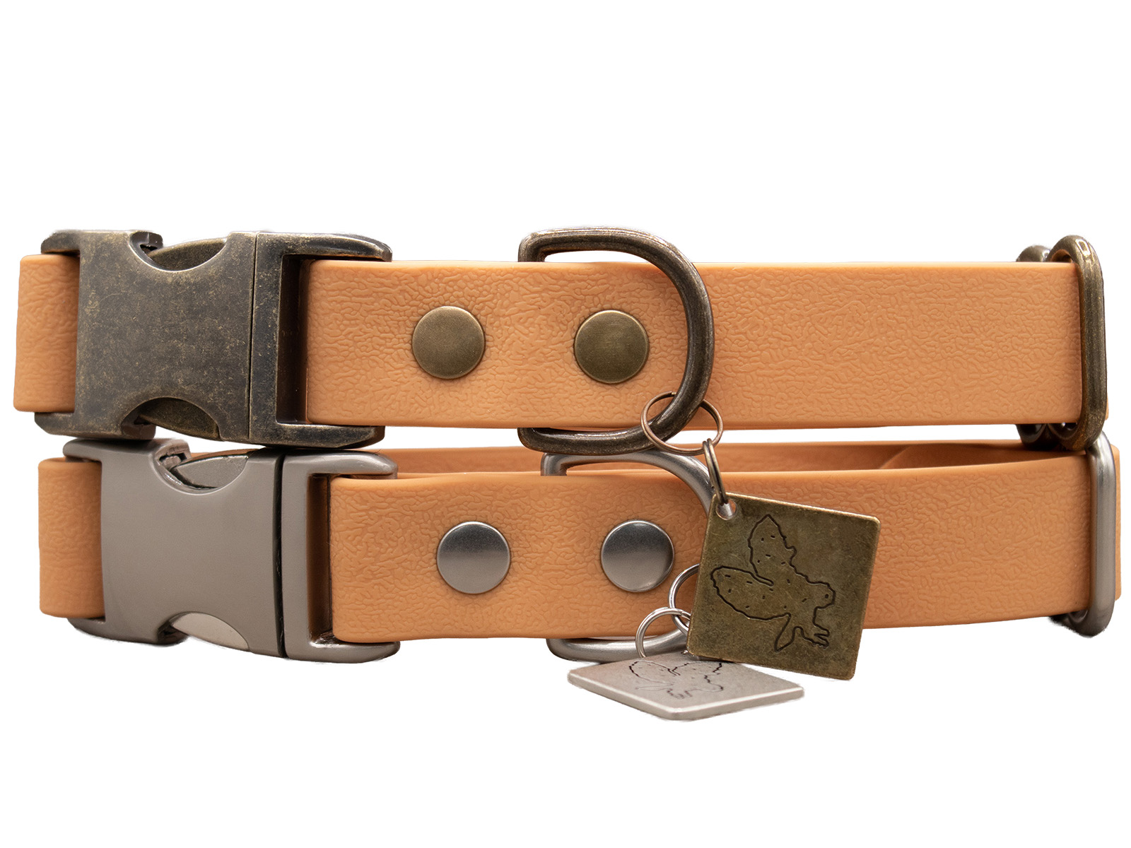 Two tan-colored quick-release dog collars