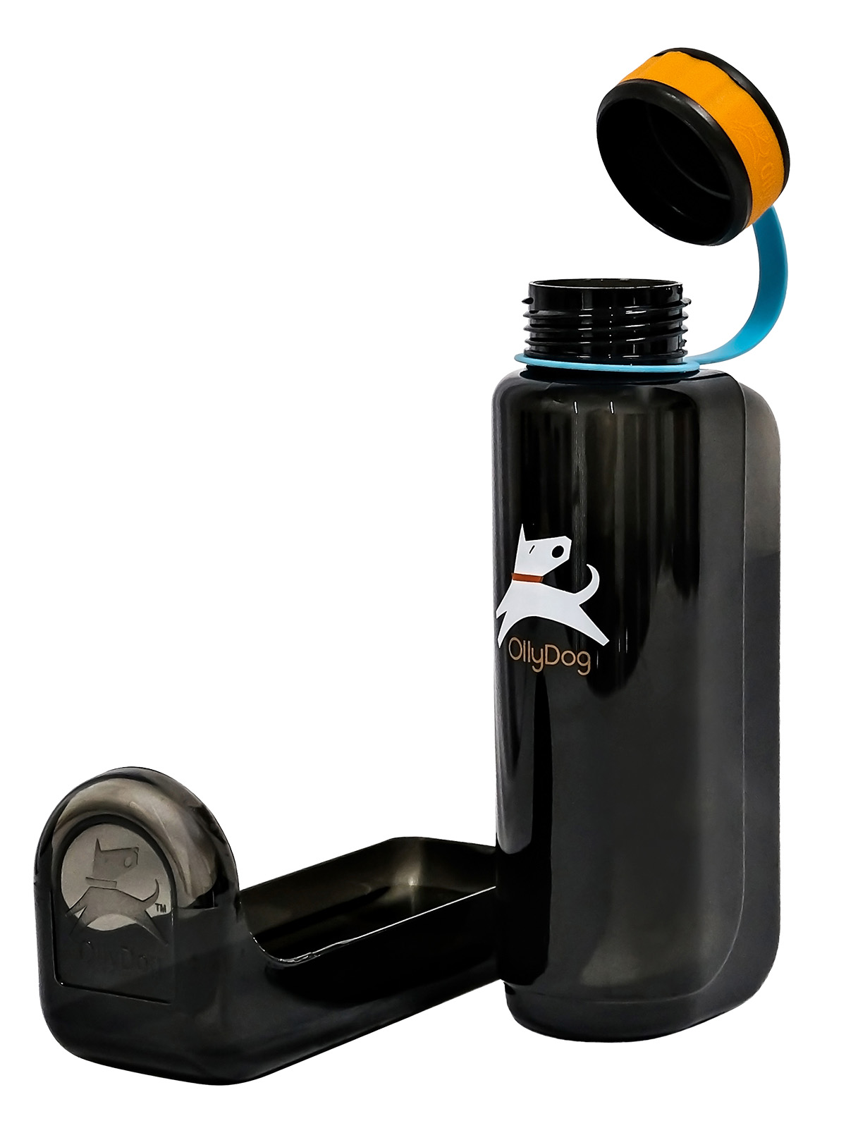 An open OllyDog water bottle with the drinking portion flared out