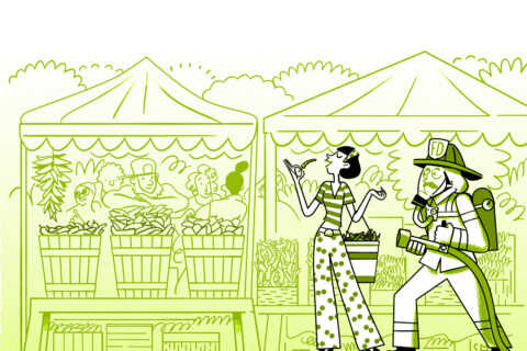 Illustration of a woman eating a green chile with a fire fighter ready to blast her with a hose