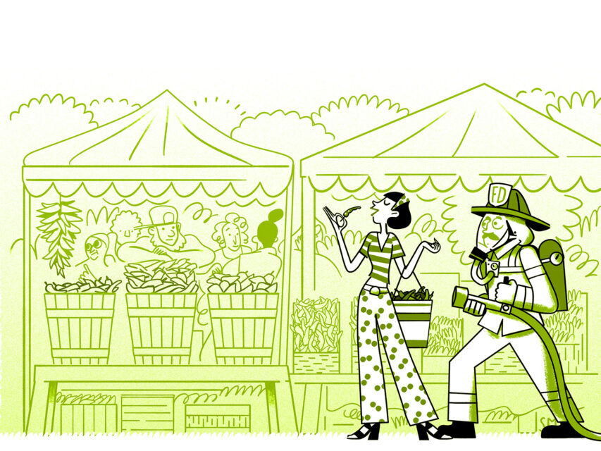 Illustration of a woman eating a green chile with a fire fighter ready to blast her with a hose