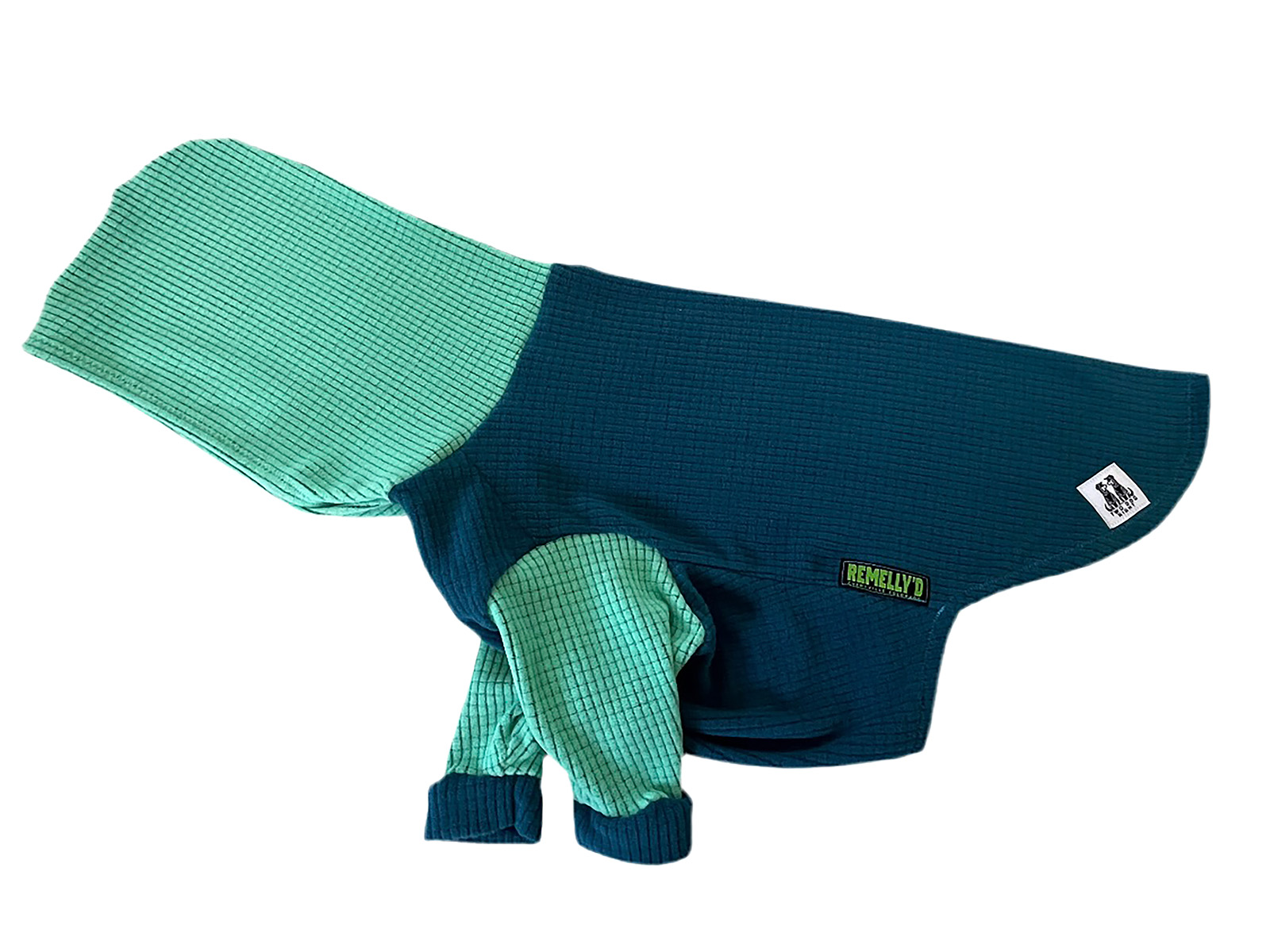 Aqua and navy blue Melanzana hoodie for a dog