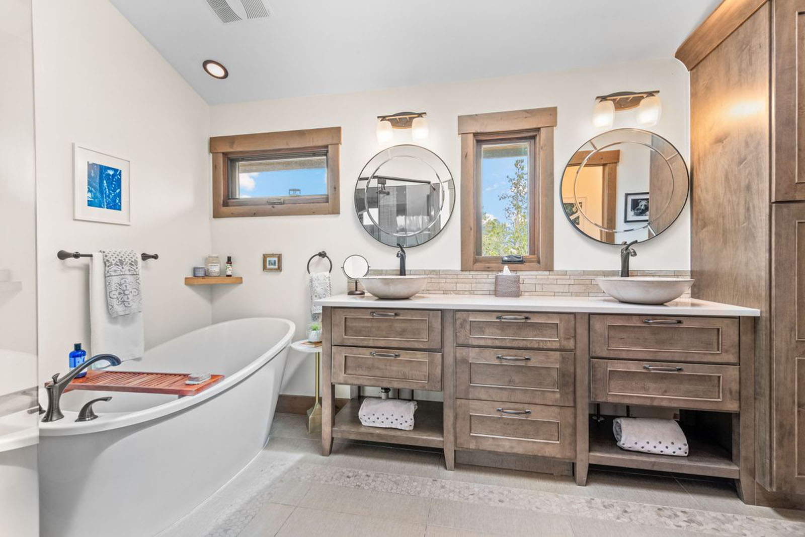 Bathroom with a soaking tub and double vanity