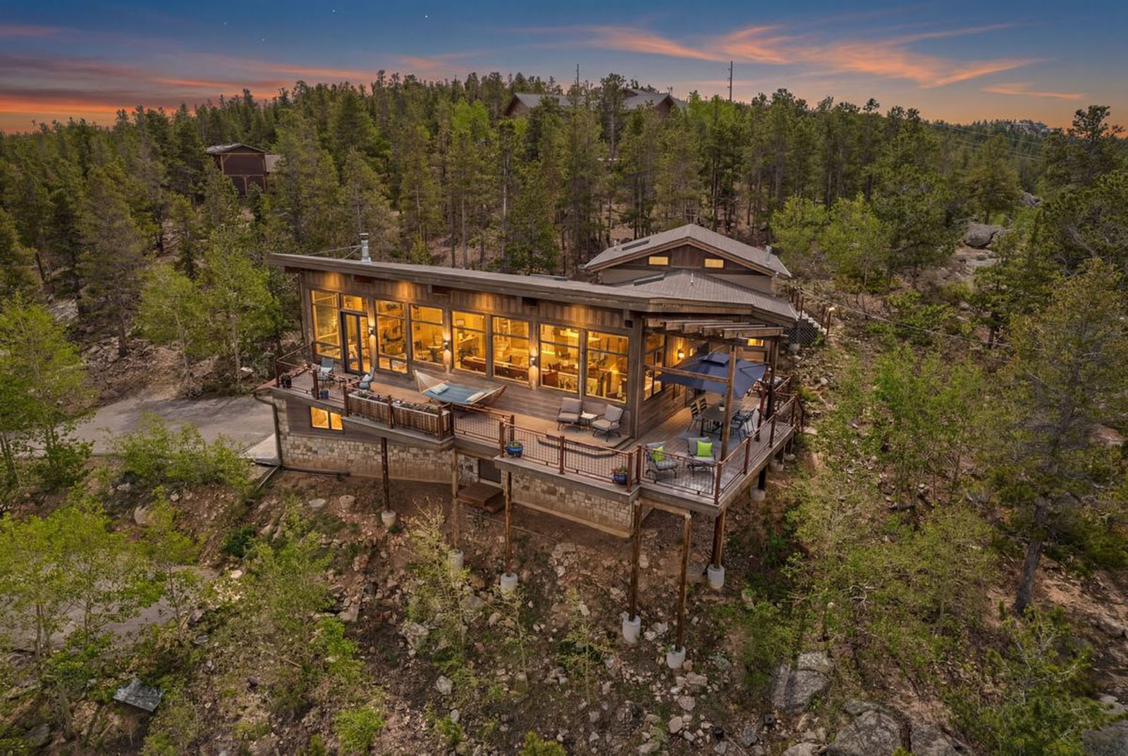 Aerial view of a two-story mountain home