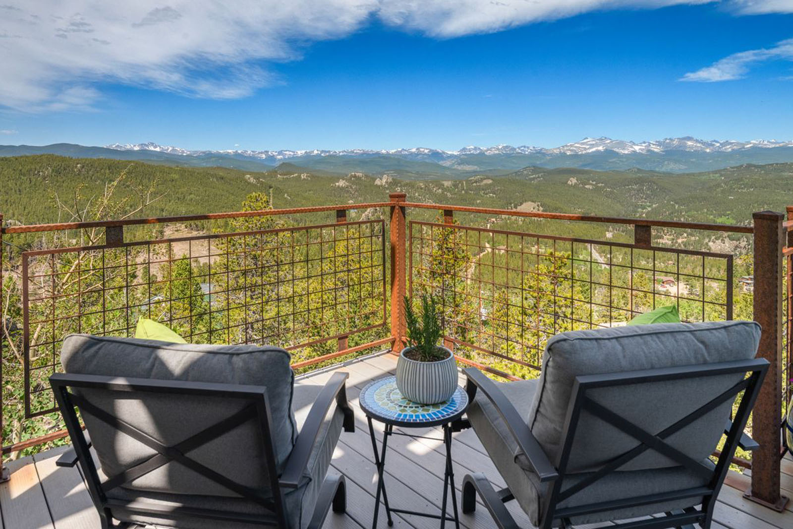 Two chairs on a deck overlooking the Indian Peaks Wilderness
